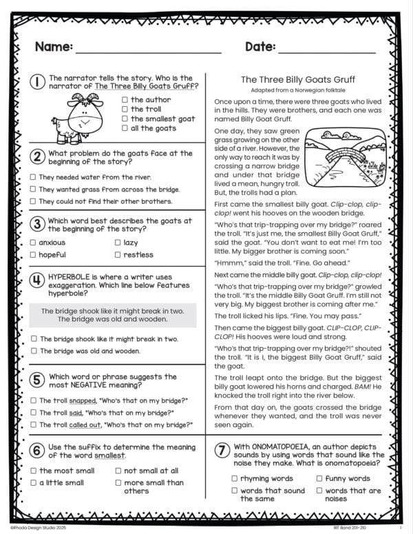 Reading worksheet for K-5 students at RIT 201-210 with point of view and text structure
