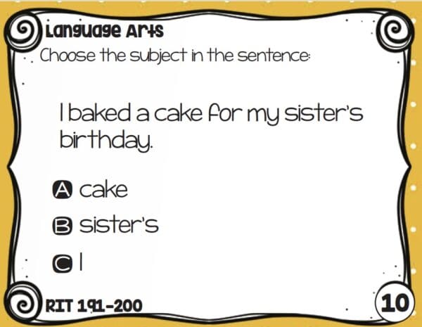 Sample language and grammar task card for K-5 students at RIT 191-200