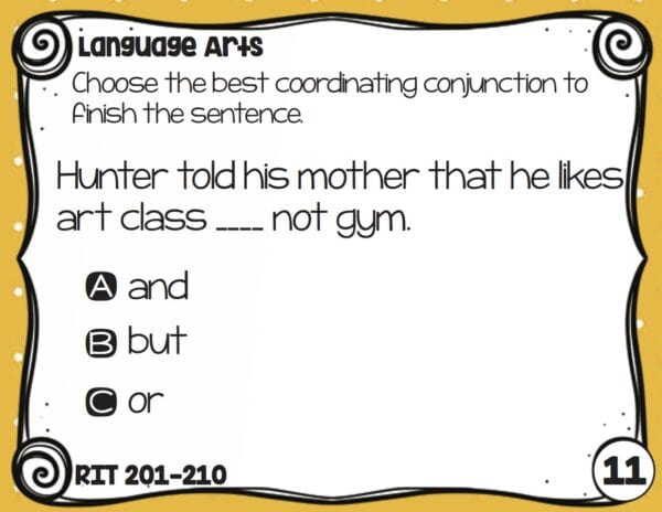 Sample language and grammar task card for K-5 students at RIT 201-210