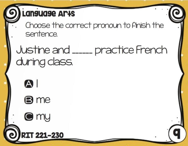 Sample language and grammar task card for K-5 students at RIT 221-230