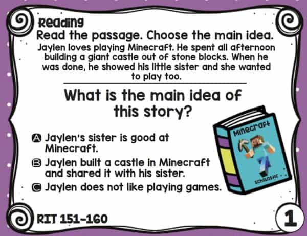 Sample reading task card for K-5 students at RIT 151-160