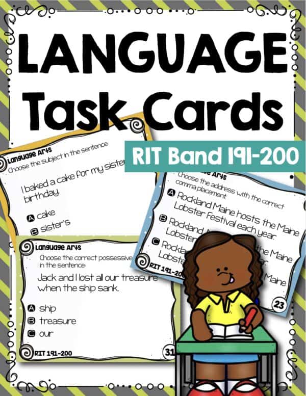 Language and grammar task cards cover for K-5 students at RIT 191-200