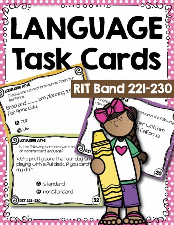 Language and grammar task cards cover for K-5 students at RIT 221-230