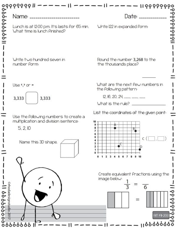 Math worksheet for K-5 students at RIT 191-200 with division facts and multi-step word problems