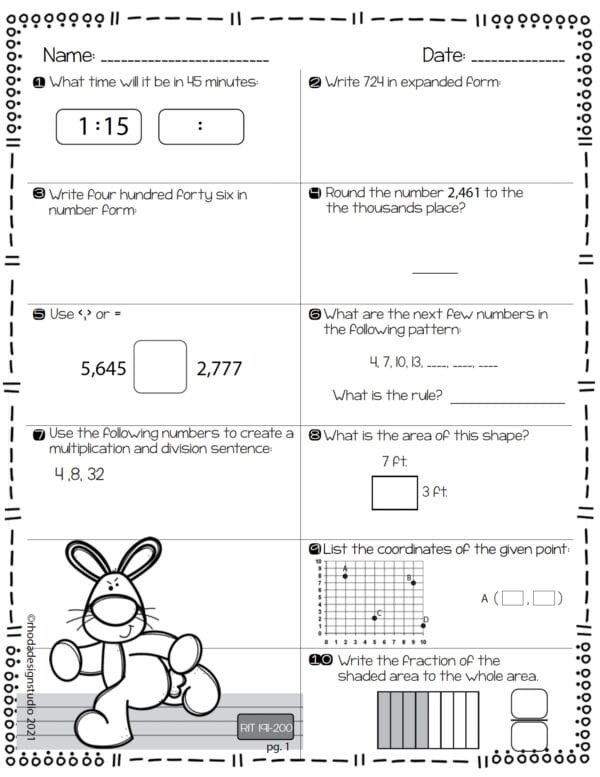 Math practice worksheet for K-5 students at RIT 195 with multiplication and division within 100