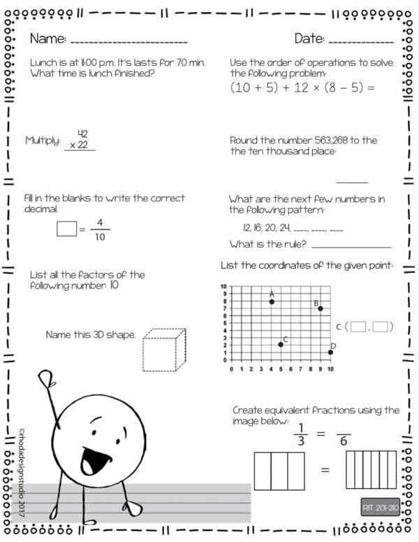 Math practice worksheet for K-5 students at RIT 205 with division and area problems