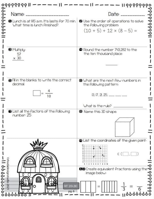 Math worksheet for K-5 students at RIT 201-210 with multi-step word problems and area