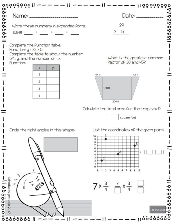 Math worksheet for K-5 students at RIT 221-230 with cross-sections and multi-step problems