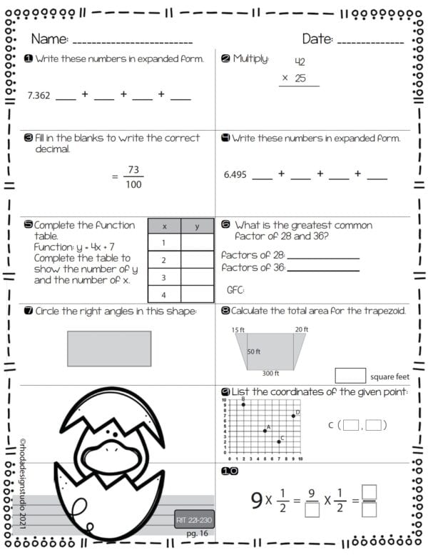 Math practice worksheet for K-5 students at RIT 225 with 3D nets and triangle angles