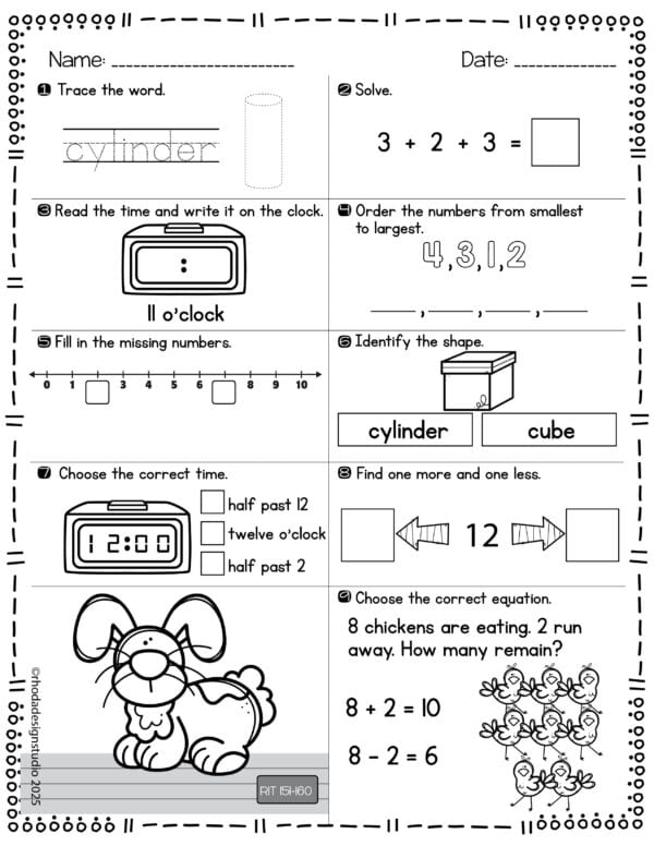 Math worksheet for K-5 students at RIT 151-160 with addition within 10 and place value