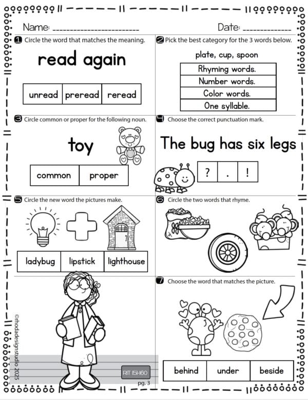 Math practice worksheet for K-5 students at RIT 155 with missing numbers and digital clock
