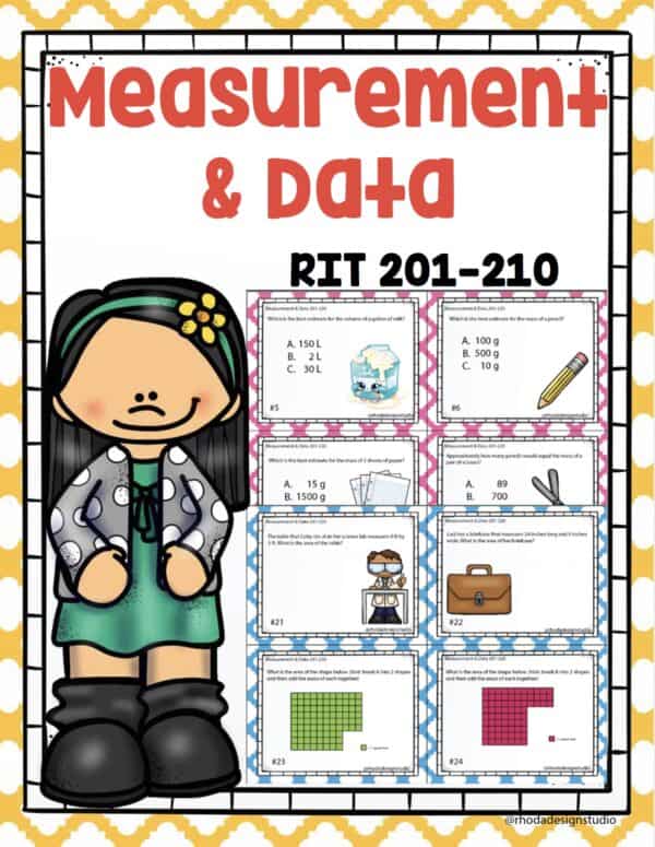 Measurement and data math task cards cover for K-5 students at RIT 201-210