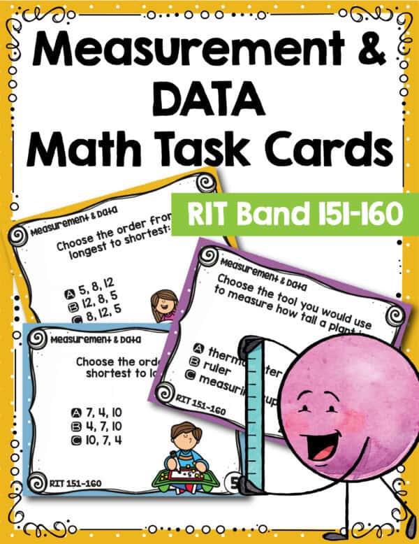 Measurement and data math task cards cover for K-5 students at RIT 151-160
