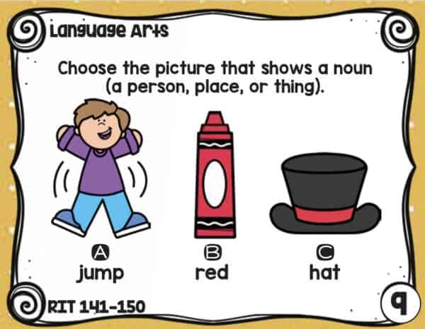 Sample language and grammar task card for K-5 students at RIT 141-150