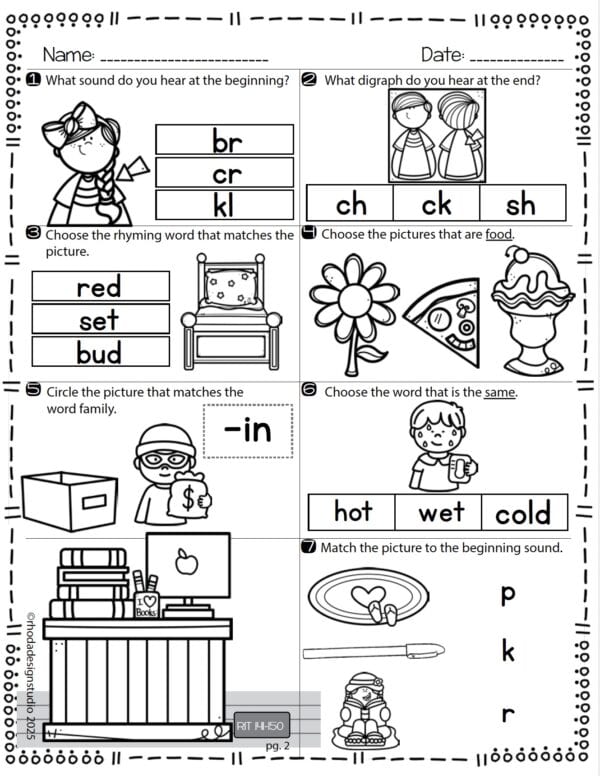 Reading practice worksheet for K-5 students at RIT 145 with letter sounds and vocabulary