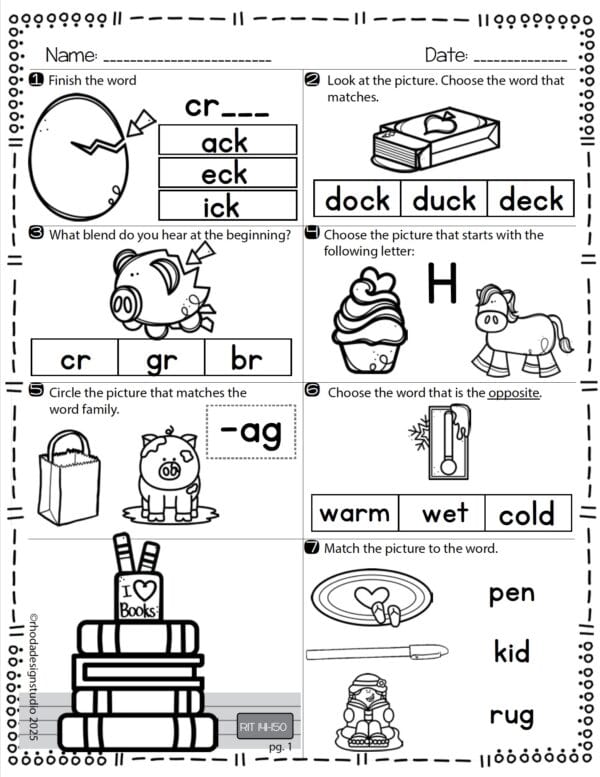 Reading worksheet for K-5 students at RIT 141-150 with letter sounds and sight words