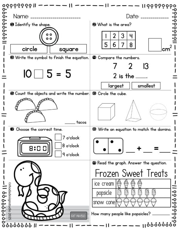 Math worksheet for K-5 students at RIT 141-150 covering addition within 10 and number recognition