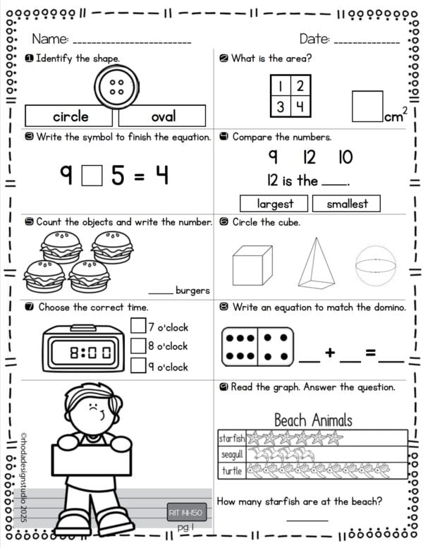 Math practice worksheet for K-5 students at RIT 145 with subtraction and shape recognition