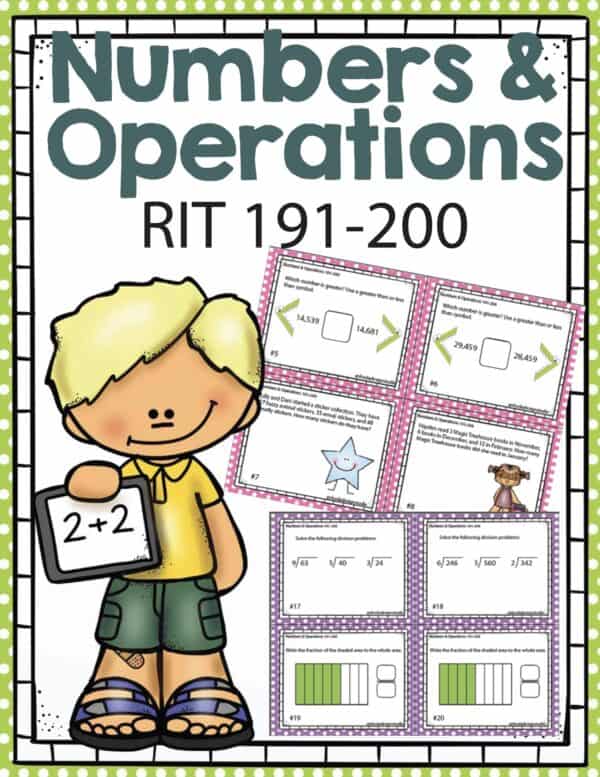 Numbers and operations math task cards cover for K-5 students at RIT 191-200