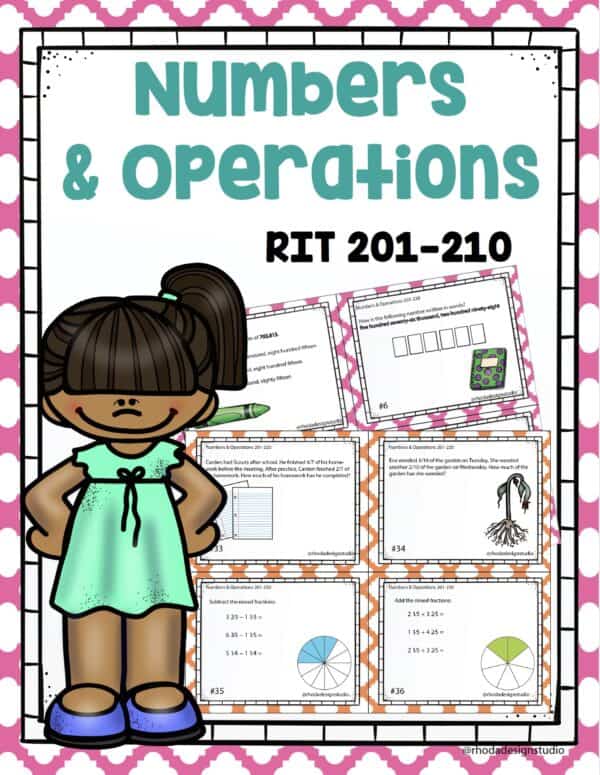 Numbers and operations math task cards cover for K-5 students at RIT 201-210