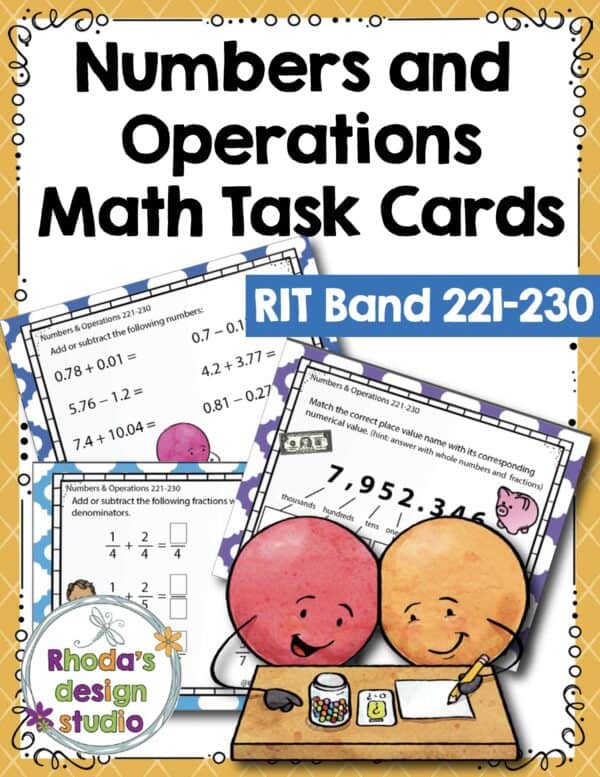 Numbers and operations math task cards cover for K-5 students at RIT 221-230