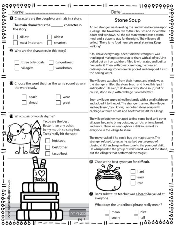 Reading worksheet for K-5 students at RIT 191-200 with author's point of view and main idea