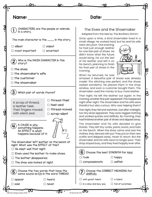Reading practice worksheet for K-5 students at RIT 195 with text structure and author's purpose