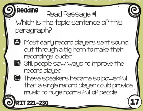 Sample reading task card for K-5 students at RIT 221-230