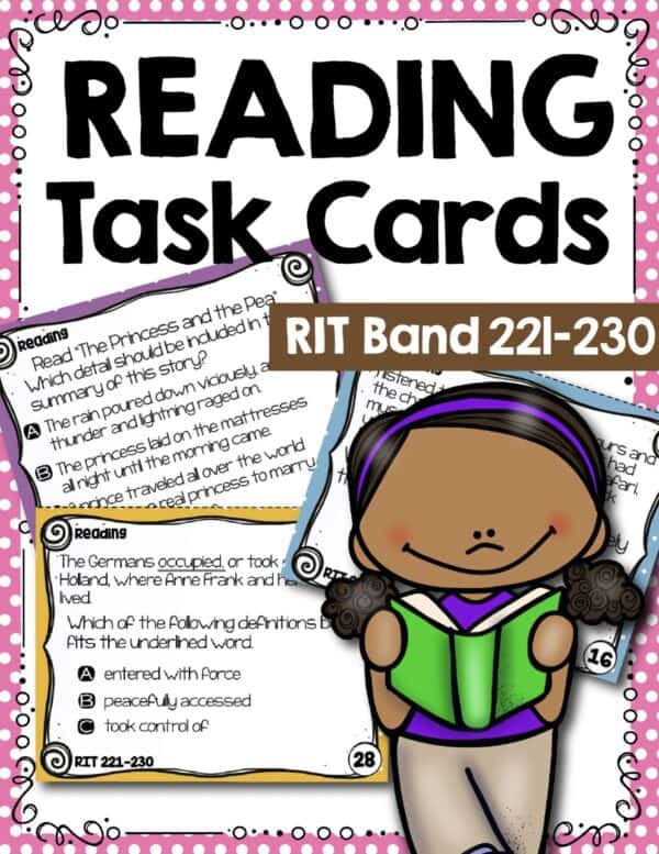 Reading task cards cover for K-5 students at RIT 221-230