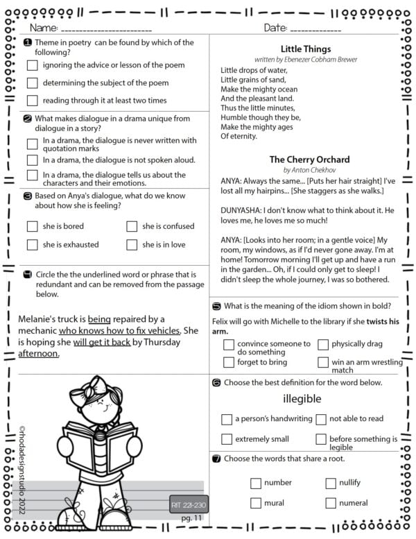 Reading worksheet for K-5 students at RIT 221-230 with narrator analysis and structure comparison
