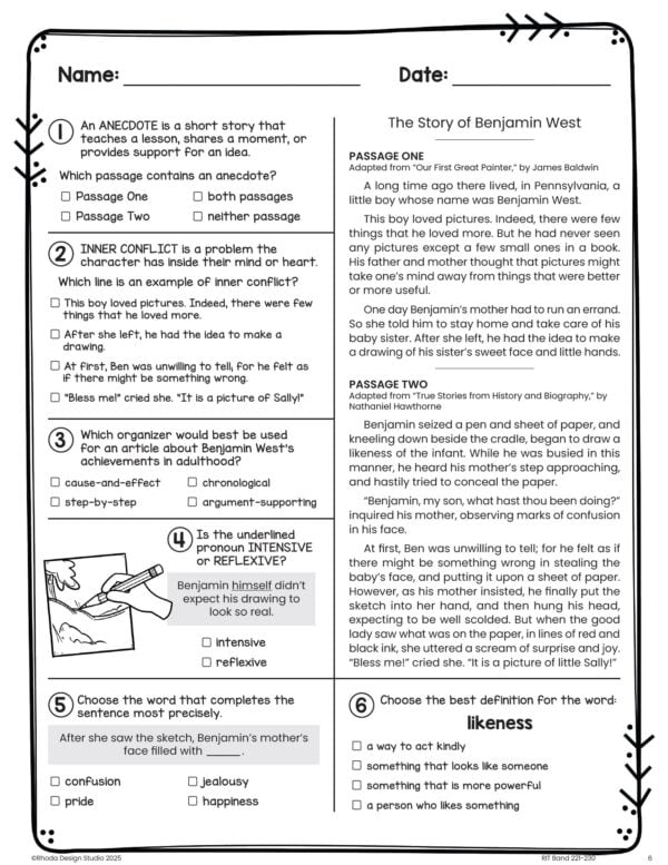 Reading practice worksheet for K-5 students at RIT 225 with point of view and figurative language