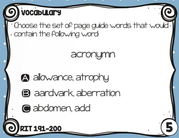 Sample vocabulary task card for K-5 students at RIT 191-200