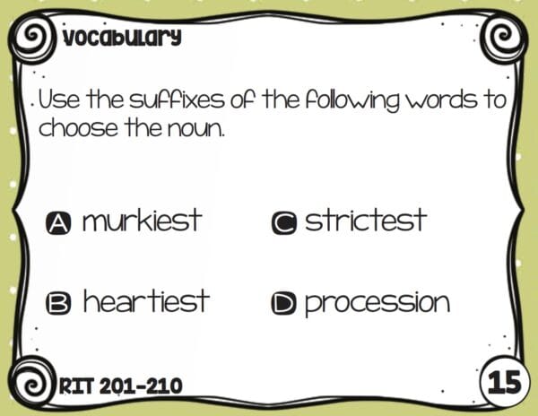 Sample vocabulary task card for K-5 students at RIT 201-210