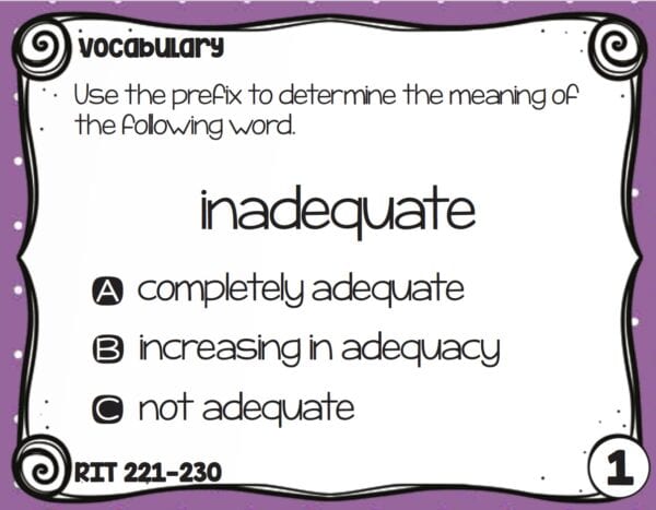 Sample vocabulary task card for K-5 students at RIT 221-230