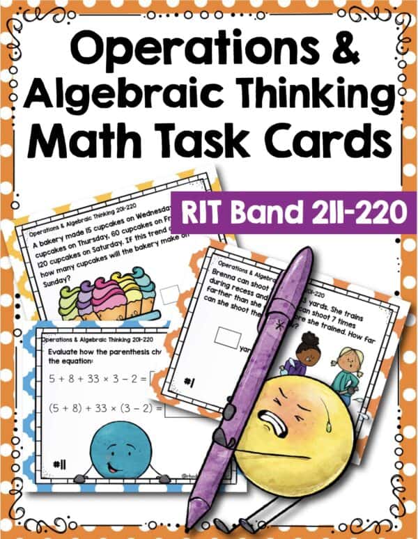 Operations and algebraic thinking task cards cover for K-5 students at RIT 211-220