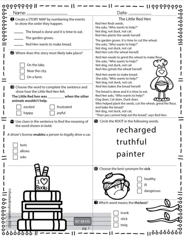 Reading worksheet for K-5 students at RIT 181-190 with main idea and inference practice