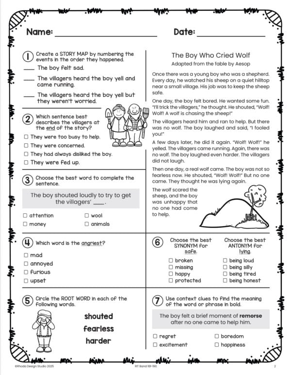 Reading practice worksheet for K-5 students at RIT 185 with text features and inference