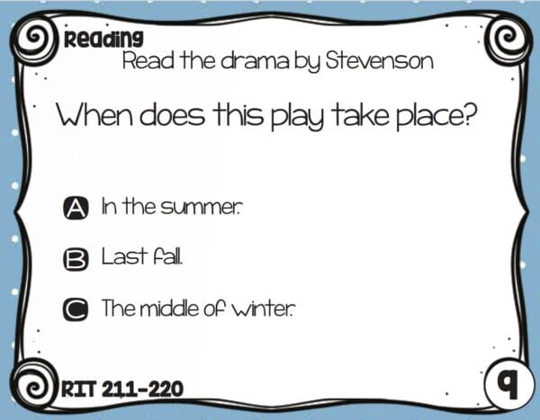 Sample reading task card for K-5 students at RIT 211-220