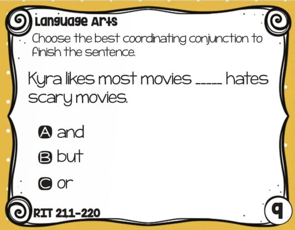 Sample language and grammar task card for K-5 students at RIT 211-220