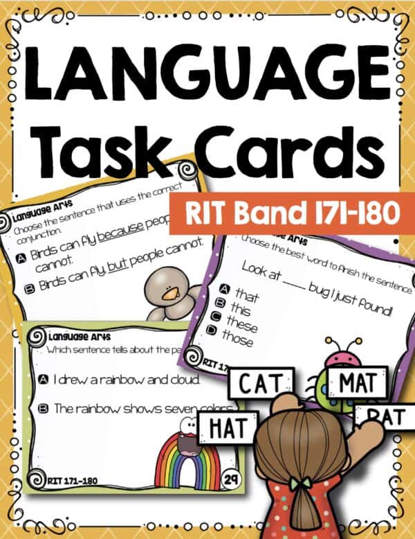 Language and grammar task cards cover for K-5 students at RIT 171-180