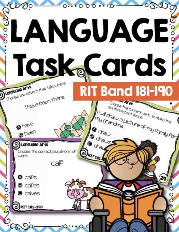Language and grammar task cards cover for K-5 students at RIT 181-190