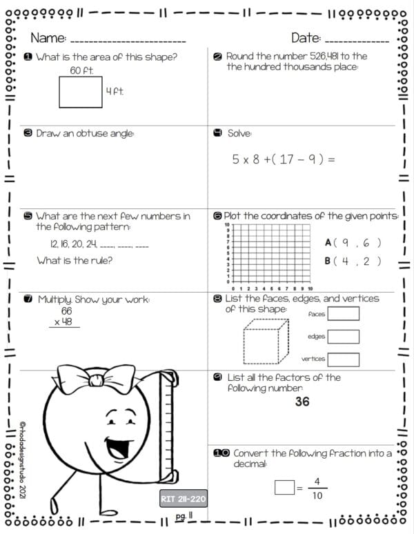 Math worksheet for K-5 students at RIT 211-220 with long division and perimeter