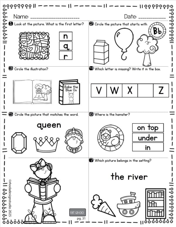 Reading practice worksheet for K-5 students at RIT 125 with letter matching and vocabulary