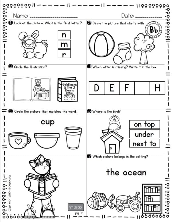 Reading worksheet for K-5 students at RIT 121-130 with letter recognition and print concepts