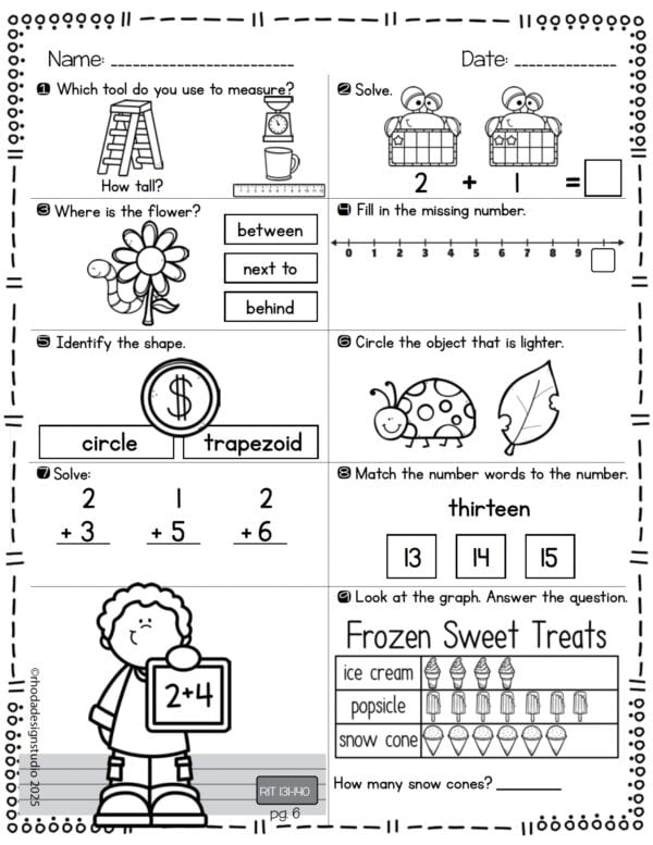 Math worksheet for K-5 students at RIT 131-140 with addition under 5 and number recognition