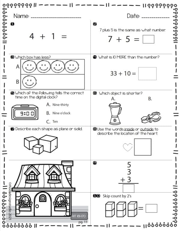 Math practice worksheet for K-5 students at RIT 165 with addition strategies and place value