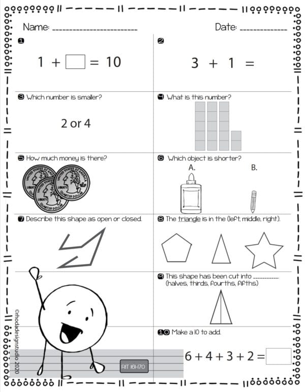 Math worksheet for K-5 students at RIT 161-170 covering addition fluency and place value