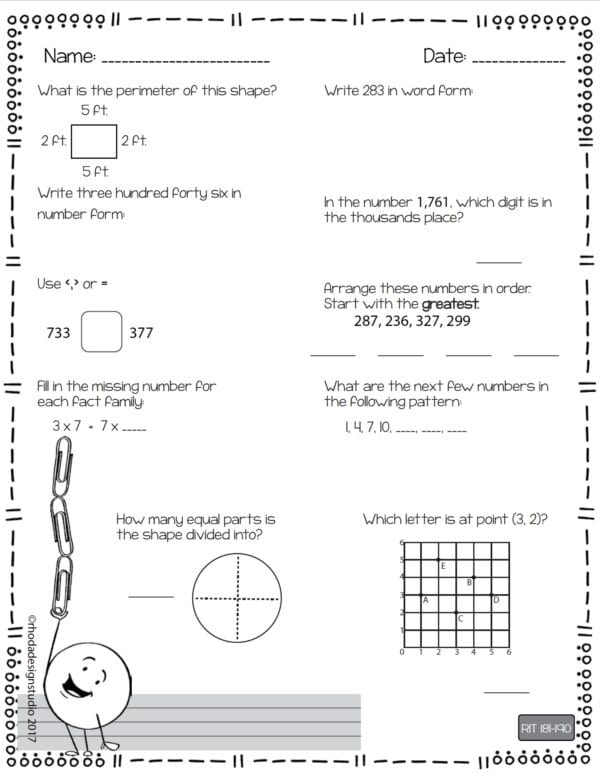 Math worksheet for K-5 students at RIT 181-190 with multiplication facts and three-digit addition
