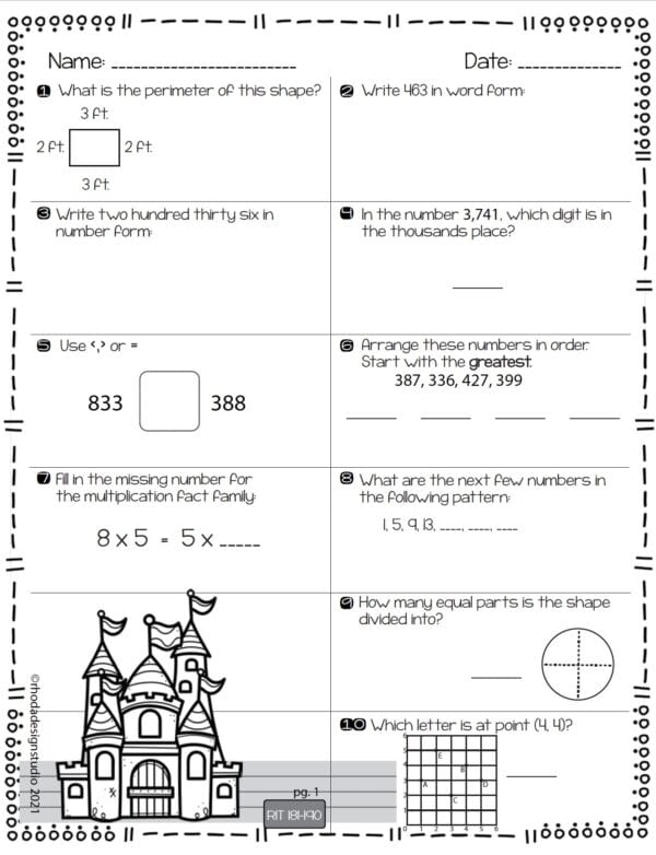Math practice worksheet for K-5 students at RIT 185 with multiplication and division