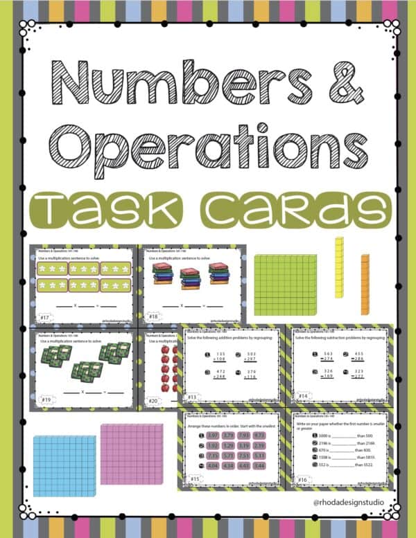 Numbers and operations math task cards cover for K-5 students at RIT 181-190